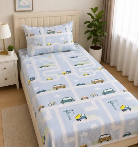 Kids Cars & Vehicles Printed Bed Sheet Set – Blue