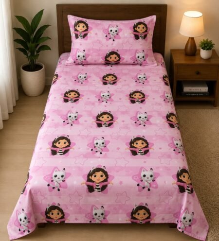 Kids Girl & Cat Printed Bed Sheet Set – Pink Cartoon Design