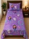 Kids Girl & Cat Printed Bed Sheet Set – Purple Cartoon Design