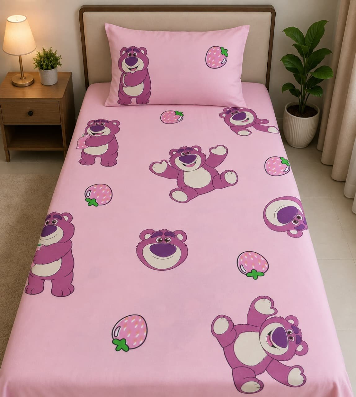 Kids Teddy Bear Printed Bed Sheet Set – Pink Strawberry Design Kids Teddy Bear Printed Bed Sheet Set – Pink Strawberry Design