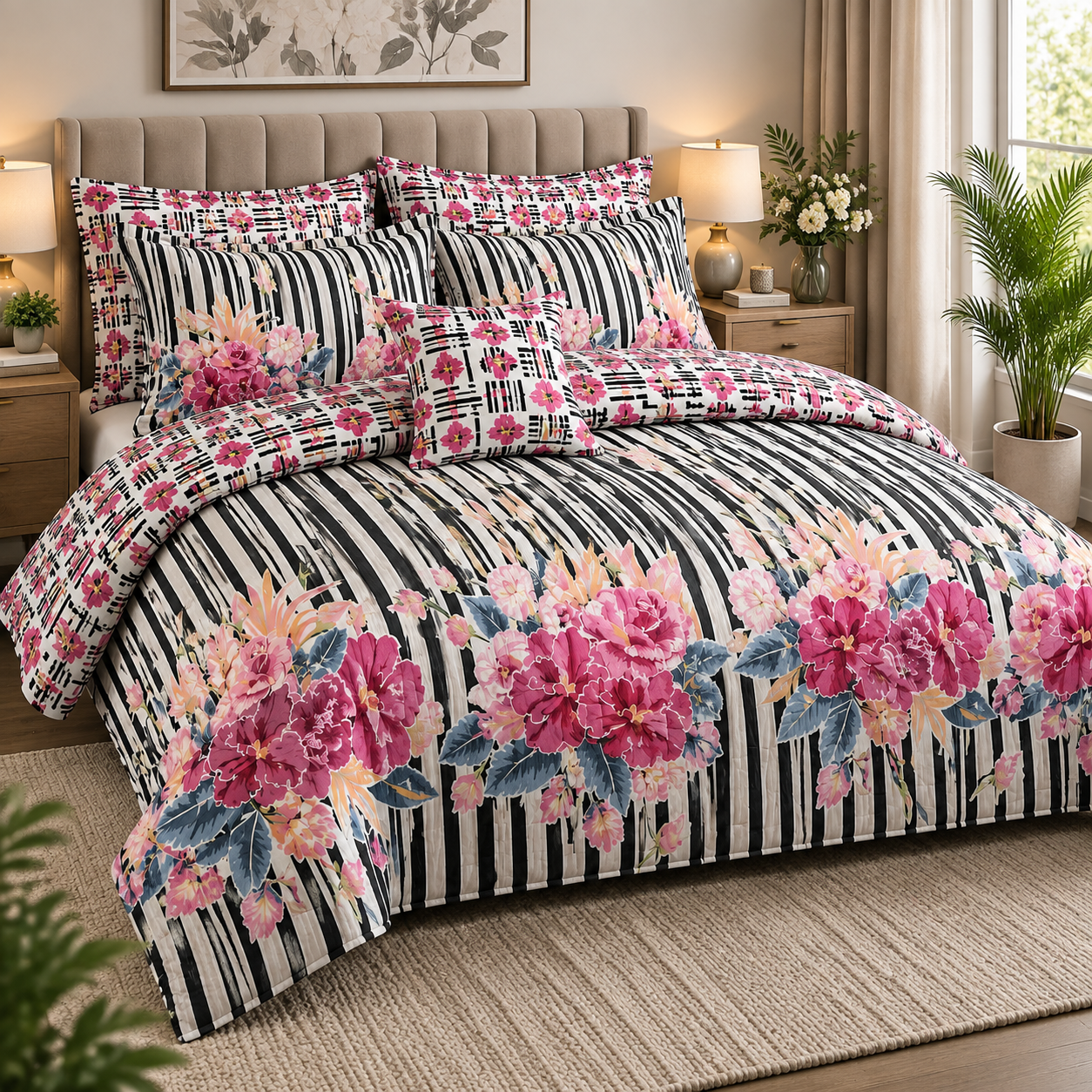 Modern Blossom Stripe Luxury Bed Sheet Set Modern Blossom Stripe Luxury Bed Sheet Set