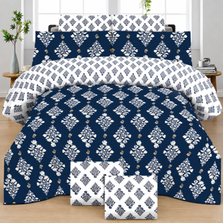 Navy Blue Printed Bedsheet – Elegant Floral Design