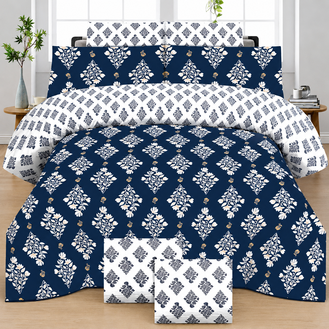 Navy Blue Printed Bedsheet – Elegant Floral Design Navy Blue Printed Bedsheet – Elegant Floral Design