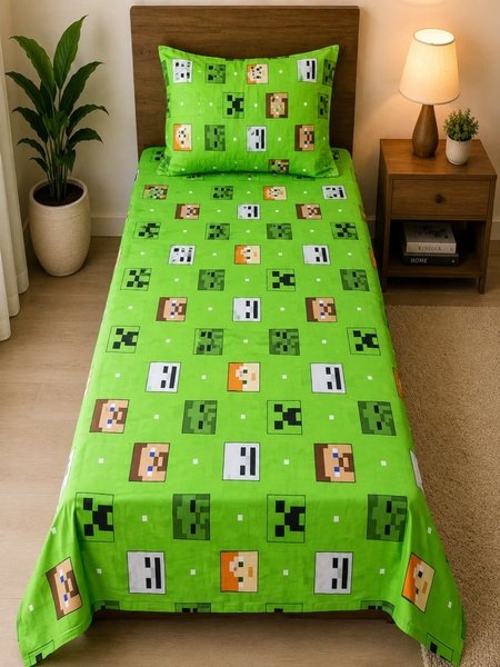 Pixel Game Printed Kids Bed Sheet Set – Green
