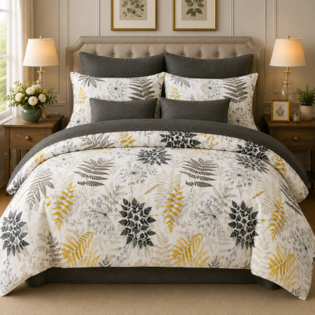 Premium Botanical Printed Bedsheet – Grey & Mustard