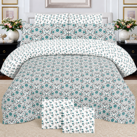 Premium Teal Floral Printed Bedsheet Set